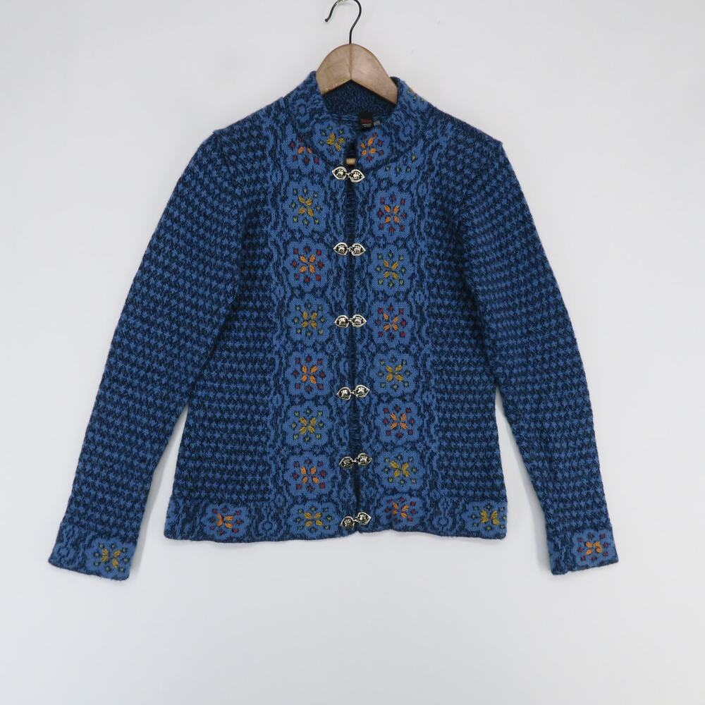 Tabask Cardigan Sweater Womens S Blue Floral Embroidered Alpaca Blend